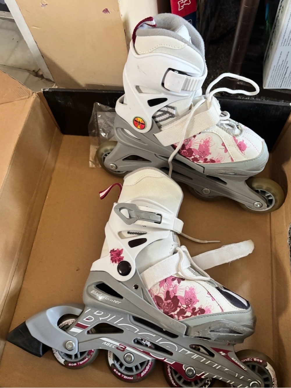 Kids Adjustable White and Pink Floral Inline Skates by Black Runner Youth 1-4